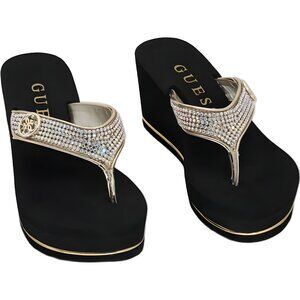 GUESS Sarraly Rhinestone Logo Wedge Flip-Flop Sandals Gold Iridescent US 6M